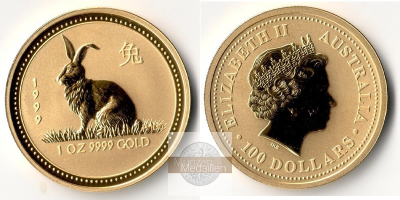 Australien 100 Dollar MM-Frankfurt Feingewicht: 31,10g Gold Jahr des Hasen Lunar I 1999 
