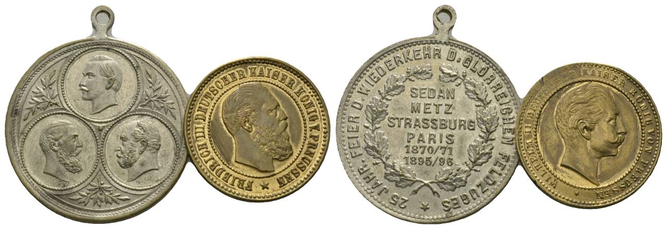  Strassburg u. Preussen; 2 Medaillen, versilbert/Bronze, 1x tragbar   