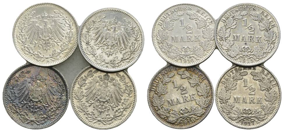  Kaiserreich, 1/2 Mark, J.16 (4 Kleinmünzen 1916/1915/1918/1917)   