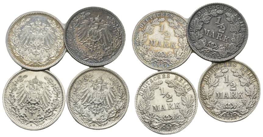  Kaiserreich, 1/2 Mark, J.16 (4 Kleinmünzen 1914/1919/1916/1917)   