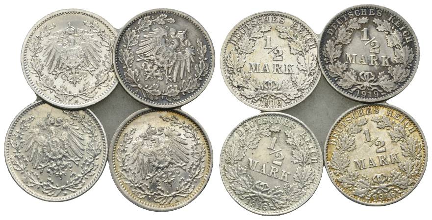  Kaiserreich, 1/2 Mark, J.16 (4 Kleinmünzen 1916/1919/1916/1916)   
