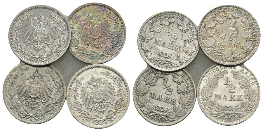  Kaiserreich, 1/2 Mark, J.16 (4 Kleinmünzen 1918/1917/1919/1914)   