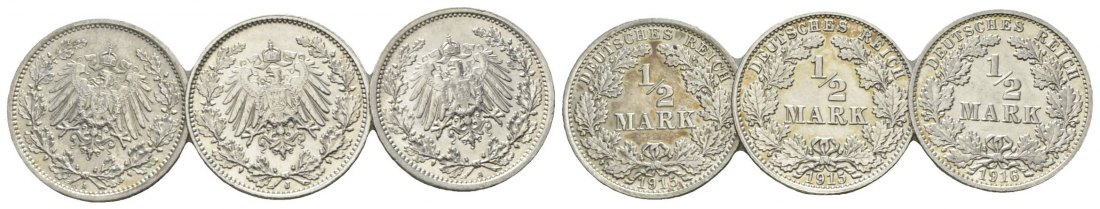  Kaiserreich, 1/2 Mark, J.16 (3 Kleinmünzen 1915/1915/1916/)   