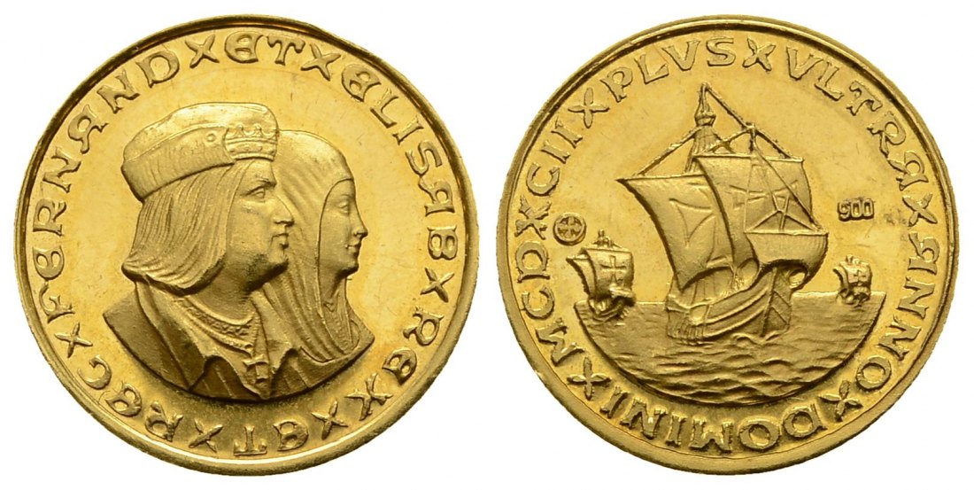 PEUS 3198 Welt 3,4 g Feingold / 17 mm. Ferdinand + Isabella - Segelschiffflotte Medaille GOLD o.J. Vorzüglich +