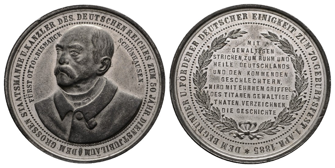  Linnartz Bismarck Zinnmedaille 1885 (Drentwett) 70.Geburtstag, Bennert 26, 47 mm, vz   