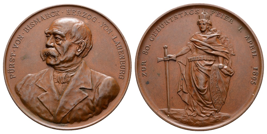  Linnartz Bismarck Bronzemedaille 1895, (v.Lauer), a.s. 80. Geburtstag, Be. 148, 50 mm, vz   