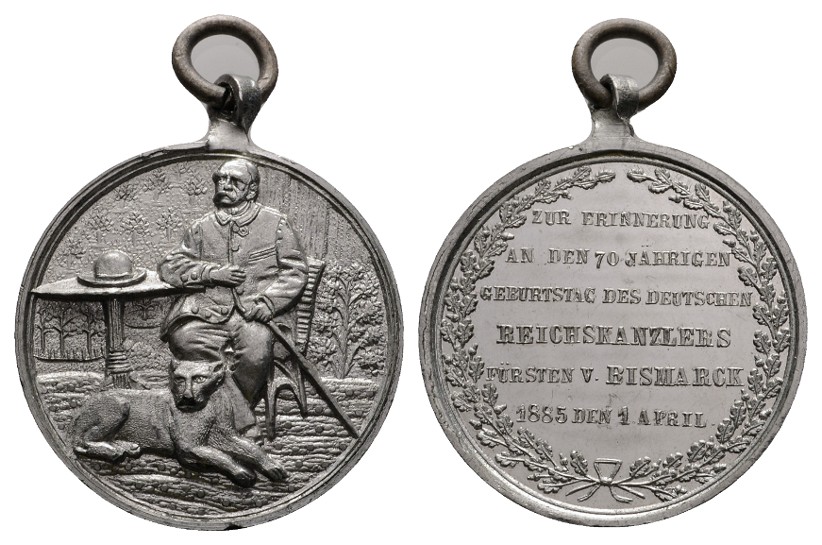  Linnartz Bismarck, Tragbare Zinkmedaille 1885, zum 70.Geburtstag, Bennert 44, 37 mm, vz-st   