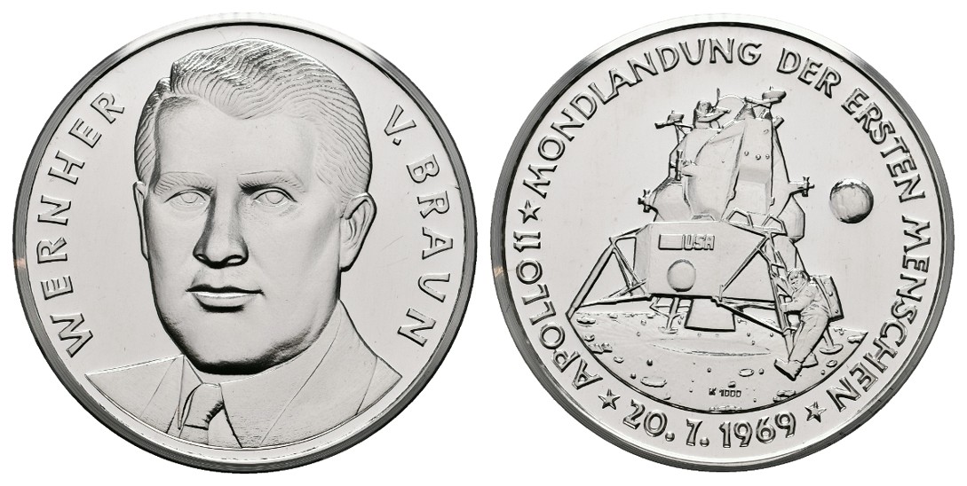  Linnartz Raumfahrt Silbermedaille 1969 Wernher von Braun PP Gewicht: 22,8g/1.000er   