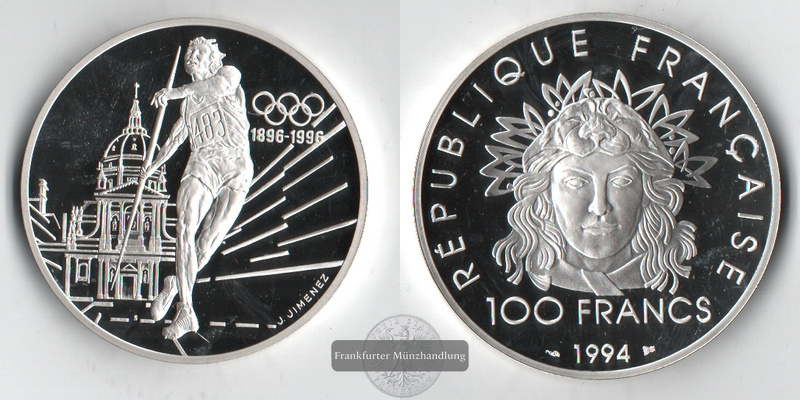  Frankreich  100 Francs  1994    Olympia - Speerwerfer     FM-Frankfurt   Feinsilber: 31,11g   