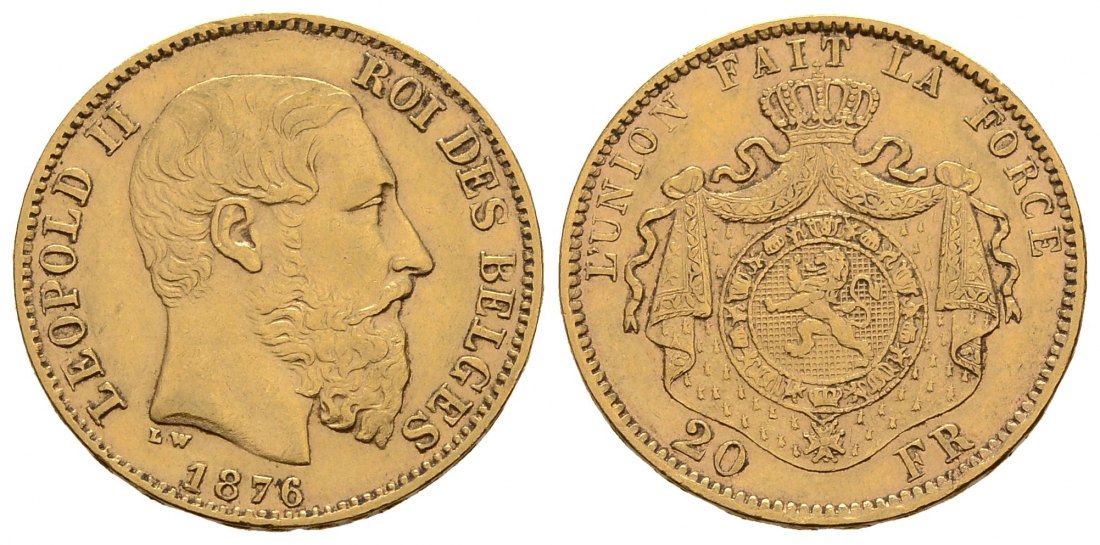 PEUS 3255 Belgien 5,81 g Feingold. Leopold II. (1865-1909) 20 Francs GOLD 1876 Sehr schön
