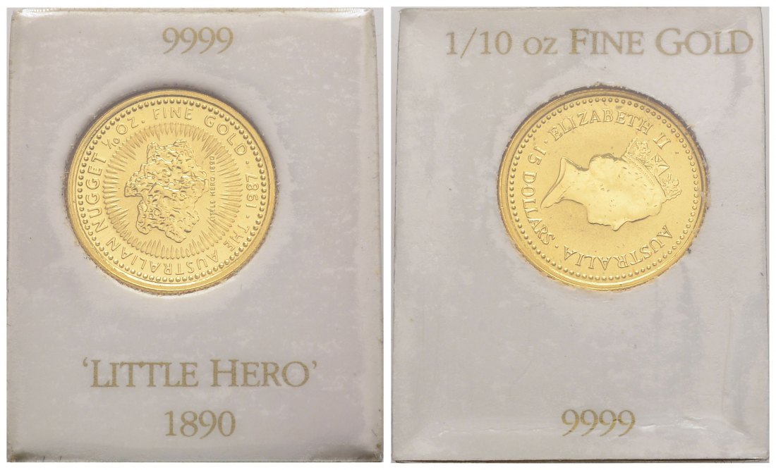 PEUS 3256 Australien 3,11 g Feingold. Nugget - Little Hero 15 Dollars GOLD 1/10 Unze 1987 Uncirculated (in Originalverpackung)