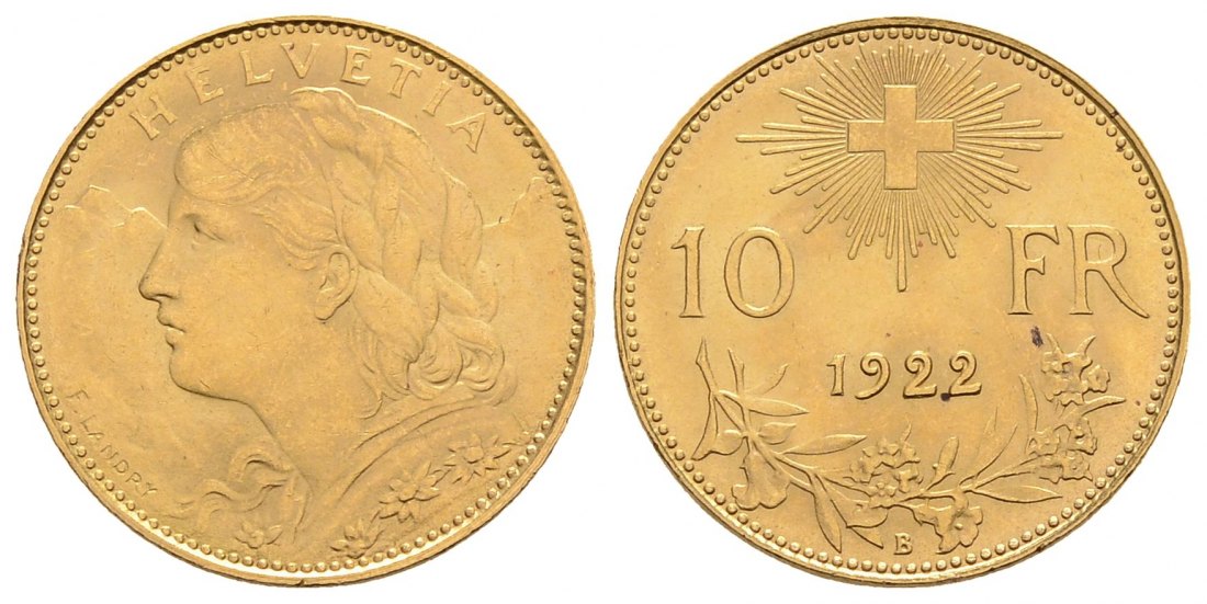 PEUS 3259 Schweiz 2,90 g Feingold. Vreneli 10 Franken GOLD 1922 B Kl. Kratzer, Vorzüglich