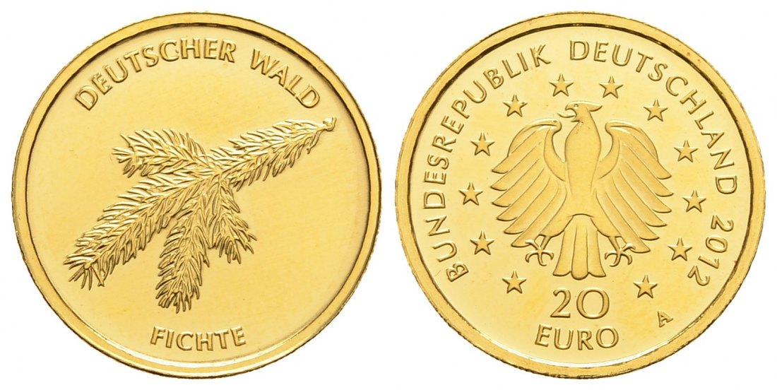 PEUS 3261 BRD 3,89 g Feingold. Deutscher Wald - Fichte OHNE Zertifikat + Verpackung 20 Euro GOLD 2012 A Stempelglanz
