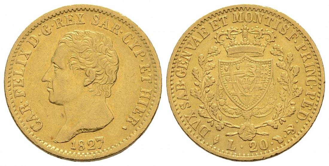 PEUS 3262 Italien Königreich 5,81 g Feingold. Karl Felix (1821 - 1831)) incl. Beschreibung 20 Lire GOLD 1827 L Sehr schön
