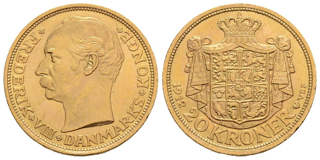 PEUS 3264 Dänemark 8,06 g Feingold. Frederik VIII. (1906-1912) 20 Kronen GOLD 1912 VBP Kl. Kratzer, Vorzüglich