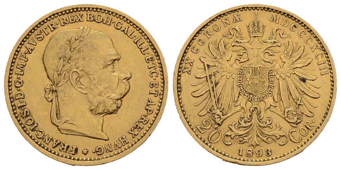 PEUS 3273 Österreich 6,10 g Feingold. Franz Joseph I. (1848 - 1916) 20 Kronen GOLD 1893 Sehr schön +