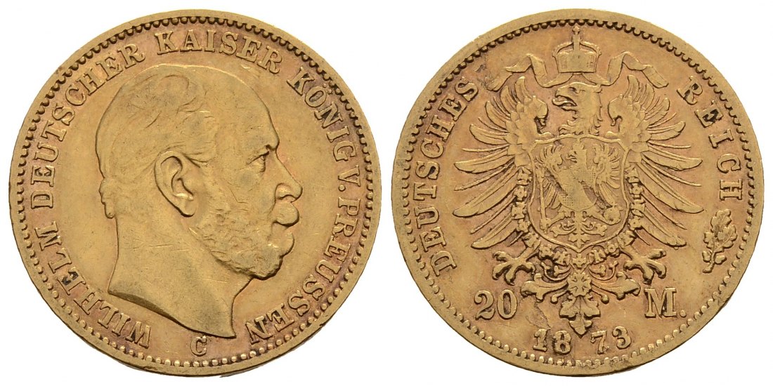 PEUS 3276 Kaiserreich - Preußen 7,16 g Feingold. Wilhelm I. (1861 - 1888) 20 Mark GOLD 1873 C Frankfurt Stempelbruch, Sehr schön