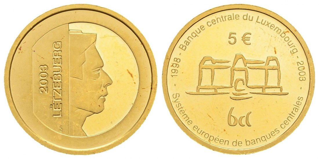 PEUS 3277 Luxemburg 6,21 g Feingold. Europäische Zentral Bank - Henri incl. Etui 5 Euro GOLD 2003 Rote Flecken, Impaired Proof / Vorzüglic