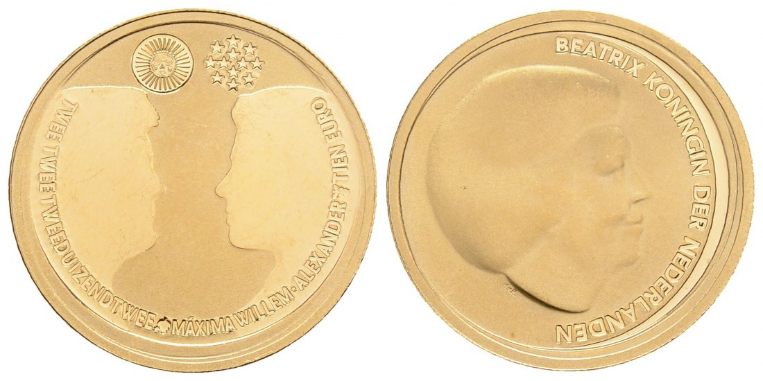 PEUS 3279 Niederlande 6,05 g Feingold. Hochzeit Kronprinz m. Maxima 10 Euro GOLD 2002 Prooflike (berührt)