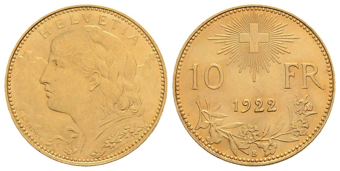 PEUS 3280 Schweiz 2,90 g Feingold. Vreneli 10 Franken GOLD 1922 B Kl. Kratzer, Vorzüglich