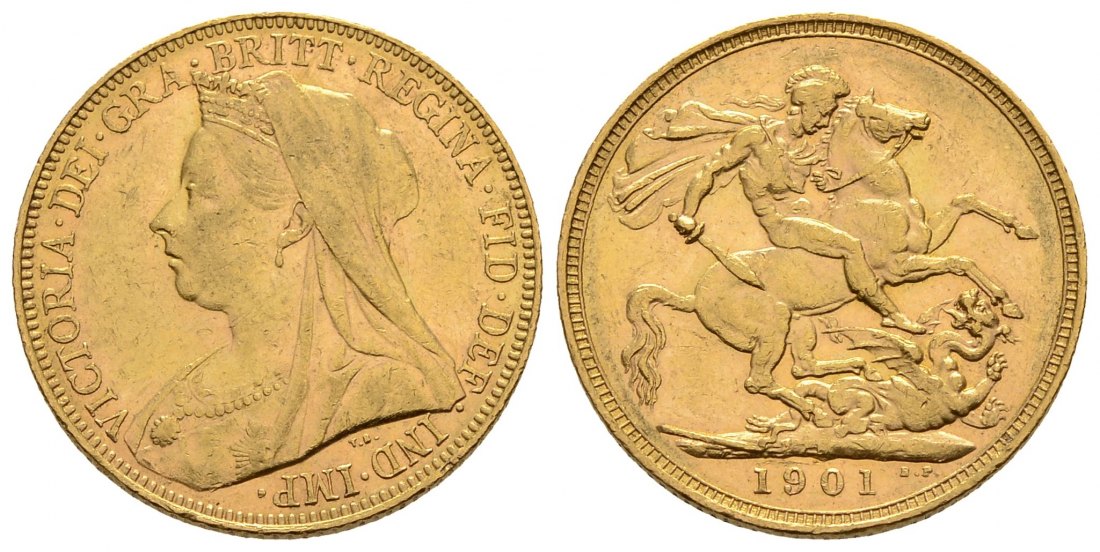 PEUS 3285 Großbritannien/Australien 7,32 g Feingold. Victoria m. Witwenschleier ( 1837 - 1901) Sovereign GOLD 1901 M Melbourn Sehr schön