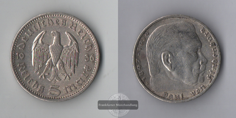  BRD, Drittes Reich 5 Reichsmark  1936 A  Paul von Hindenburg   FM-Frankfurt  Feinsilber: 12,5g   