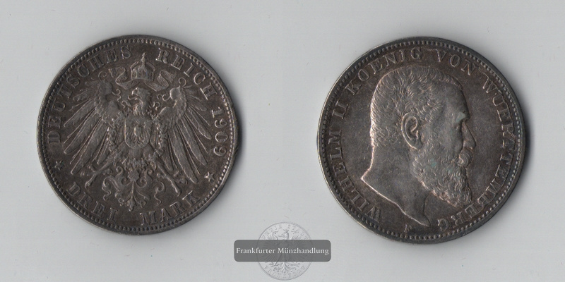  Württemberg, Kaiserreich  3 Mark  1909 F   Wilhelm II. 1891-1918   FM-Frankfurt  Feinsilber: 15g   