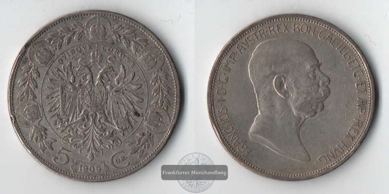  Österreich 5 Kronen  1909   Franz Josef I.     FM-Frankfurt  Feinsilber: 21,6g   