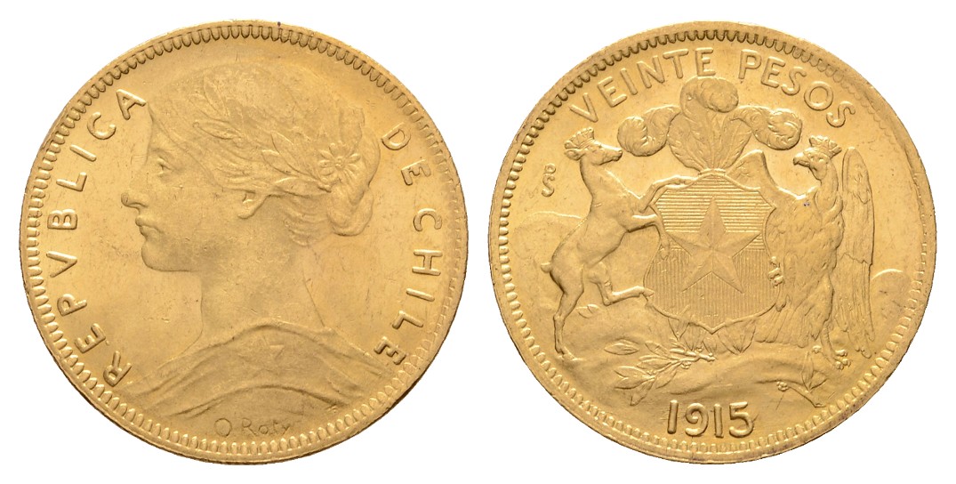  Linnartz Chile, 20 Pesos 1915, 11,96/900er, K.M. 158, Fb. 51, Fast stgl   