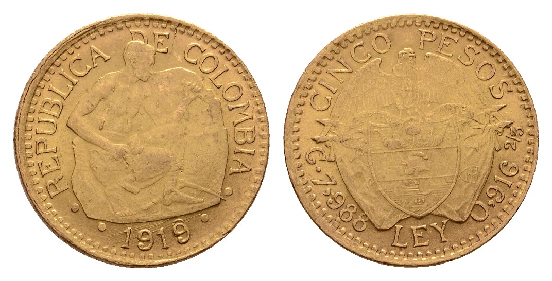  Linnartz Kolumbien, Republik, 5 Pesos 1919, Fb.110, K.M.195.1, ss+   