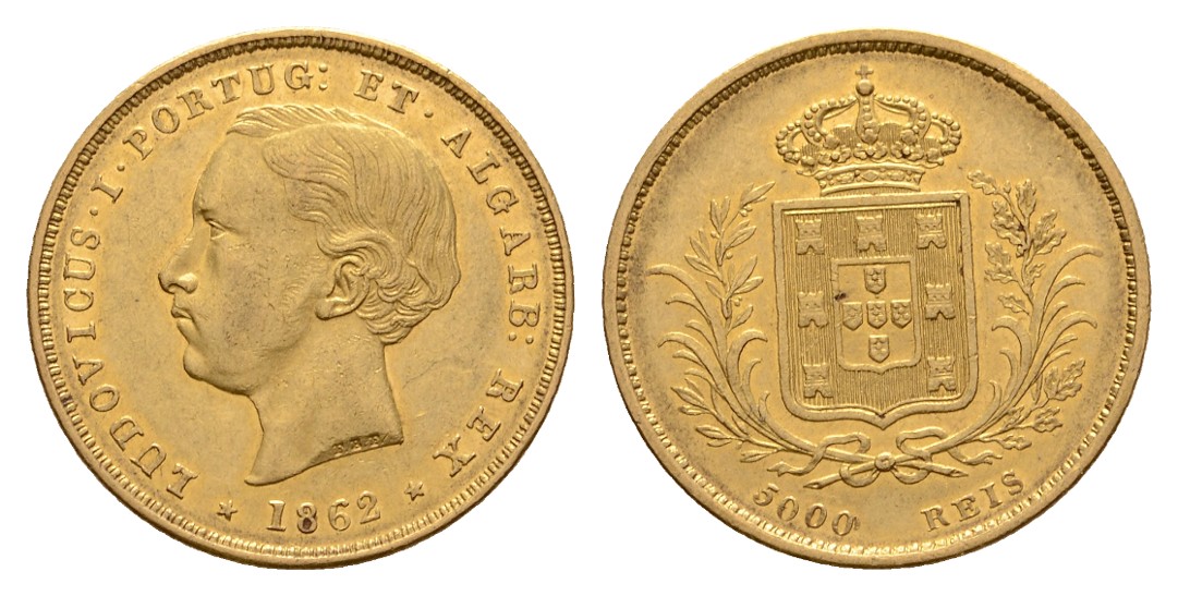  Linnartz Portugal Luis I., 5000 Reis 1862, Lissabon, Fb. 150, Gomes 15.01, 8,87 Gr., vz +   
