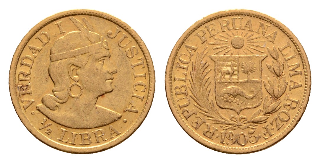  Linnartz Peru, Republik, 1/2 Libra 1905, Lima, Fb.74, 4,00/917er, ss-vz   