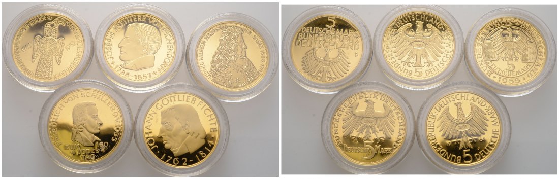 PEUS 3292 BRD Insg. 28,37 g Feingold. Die ersten Fünf in Gold incl. Holzschatulle + Beschreibung 5 Mark (5 Münzen) NP GOLD 2003 Polierte Platte (Kapsel)