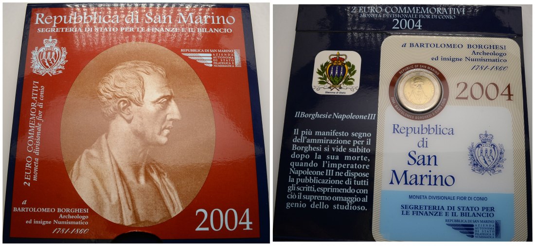 PEUS 3295 San Marino Bartolomeo Borghesi. Originalverpackung 2 Euro 2004 Stempelglanz