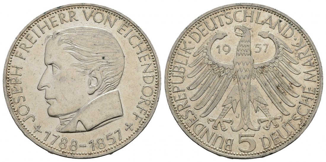 PEUS 3301 BRD Joseph Freiherr von Eichendorff (1788 - 1857) 5 Mark 1957 J Fast Vorzüglich