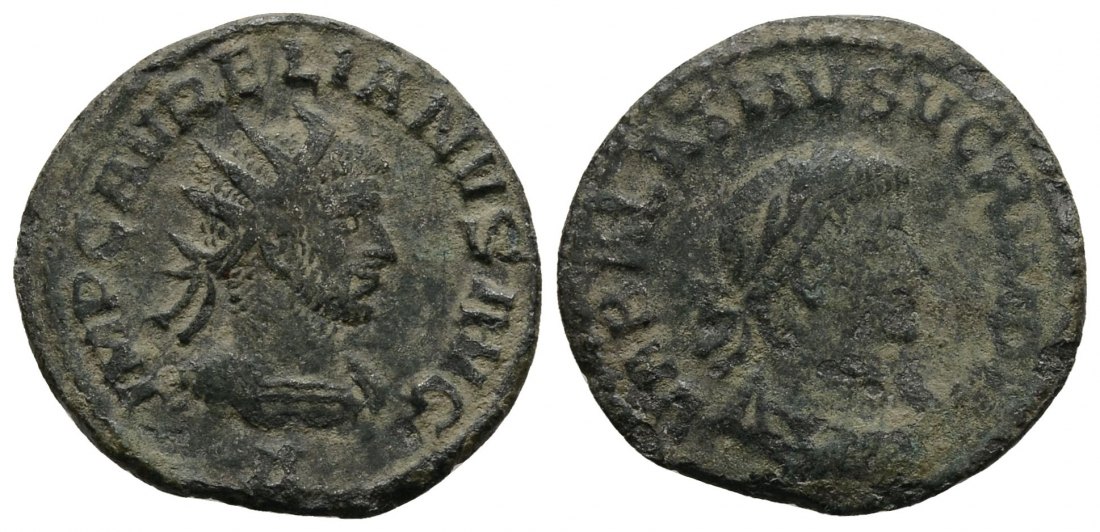 PEUS 3306 Kaiserliche Prägungen Antiochia. Aurelianus und Vabalathus Antoninian 272 Dunkelgrüne Patina, Sehr schön