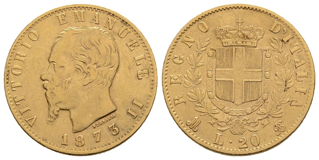PEUS 3309 Italien Königreich 5,81 g Feingold. Vittorio Emanuelle II. (1861 - 1878) 20 Lire GOLD 1873 M BN Sehr schön