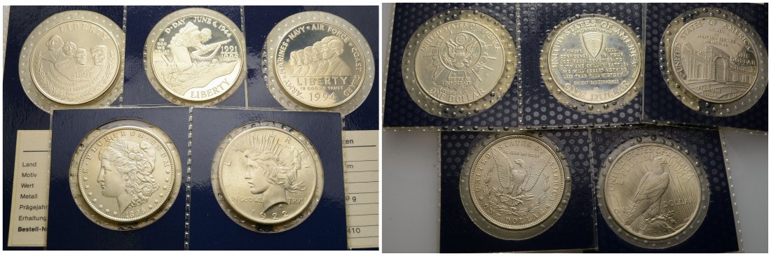 PEUS 3311 USA Insg. 120,3 g Feinsilber. Incl. Beschreibung Dollar-Lot SILBER (5 Münzen) 1896 - 1995 Vorzüglich bis Polierte Platte