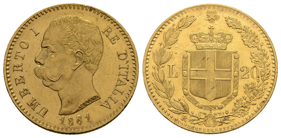 PEUS 3315 Italien 5,81 g Feingold. Umberto I. (1878 - 1900) 20 Lire GOLD 1881 R Rom Vorzüglich