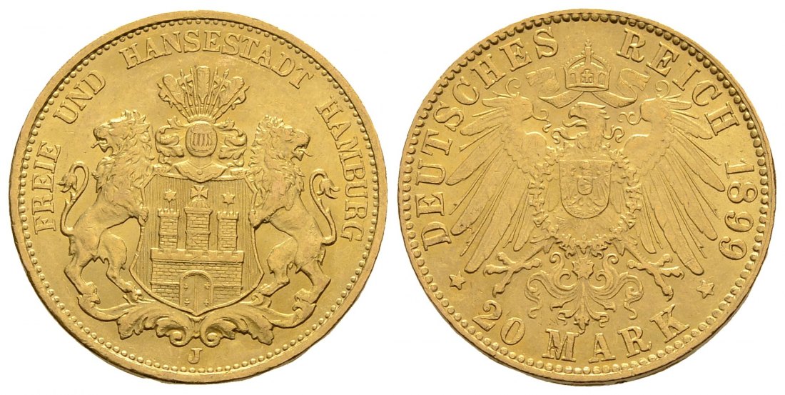 PEUS 3317 Hamburg - Kaiserreich 7,16 g Feingold. Stadtwappen 20 Mark GOLD 1899 J Fast Vorzüglich
