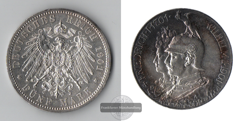  Preussen, Kaiserreich  5 Mark  1901  200. Jahrestag des Königreichs FM-Frankfurt   Feinsilber: 25g   