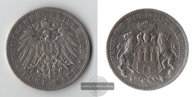  Hamburg, Kaiserreich  5 Mark  1893 J FM-Frankfurt Feinsilber: 25g Silber   
