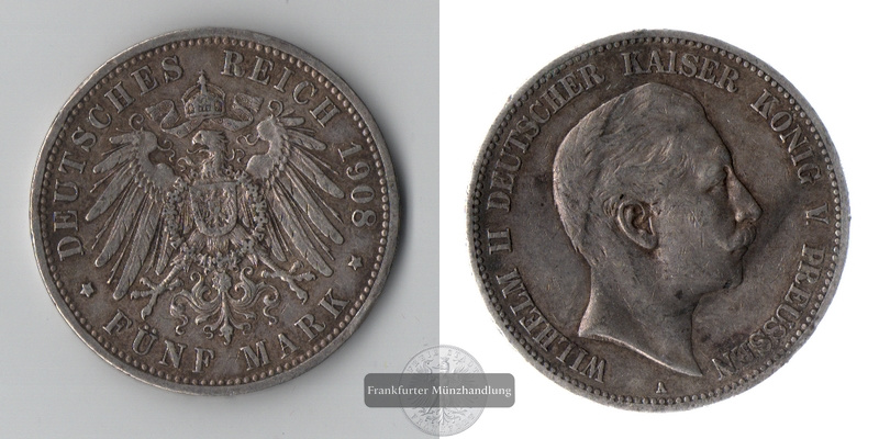  Preussen Kaiserreich  5 Mark  1908 A  Wilhelm II. FM-Frankfurt Feinsilber: 25g   
