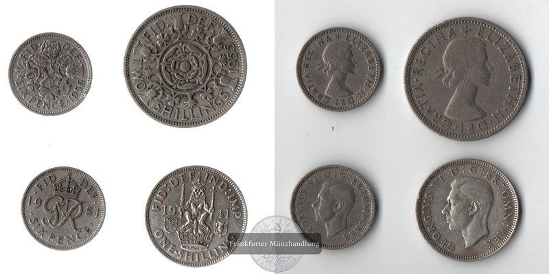  Grossbritannien 2 Shilling 1955, 1 Shilling 1941, 2x Sixpence 1951/56 FM-Frankfurt Feinsilber: 2,83g   