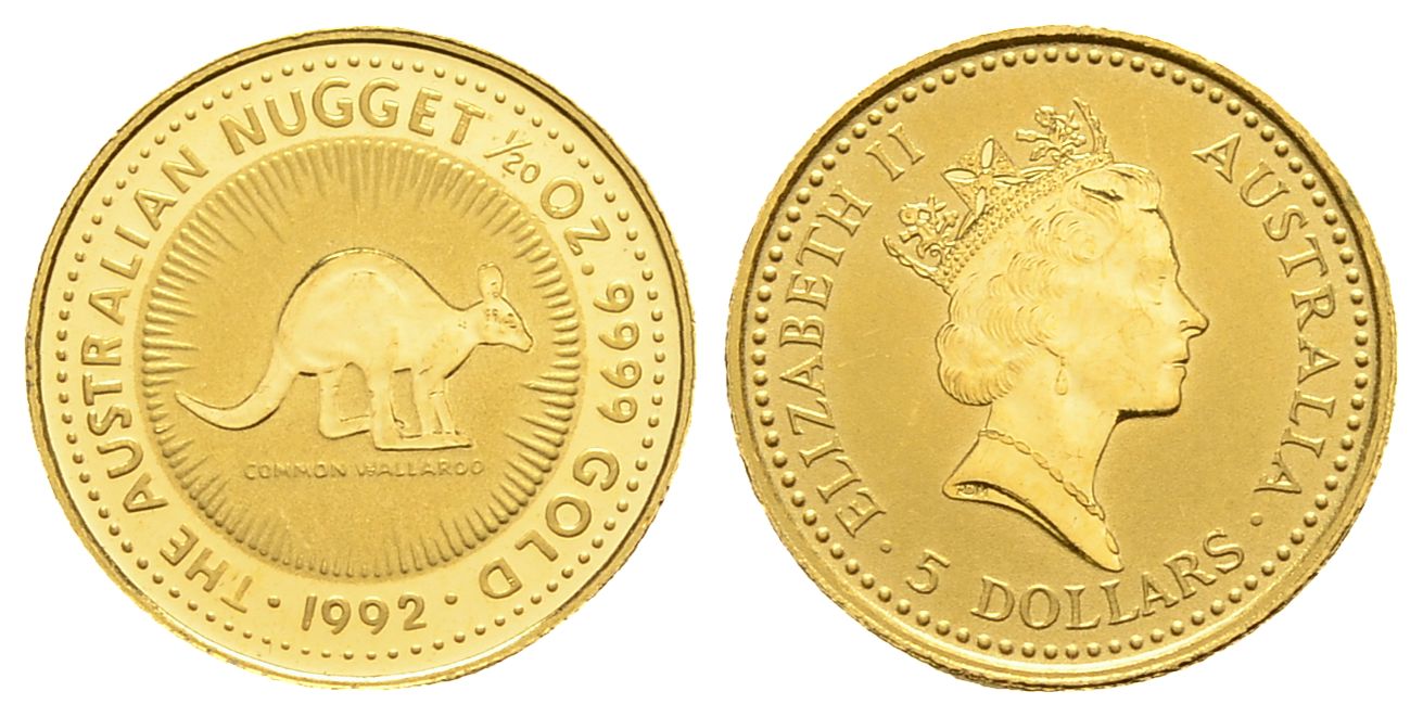 PEUS 3327 Australien 1,56 g Feingold. Bergkänguru 5 Dollars GOLD 1/20 Unze 1992 Kl. Kratzer, Vorzüglich +