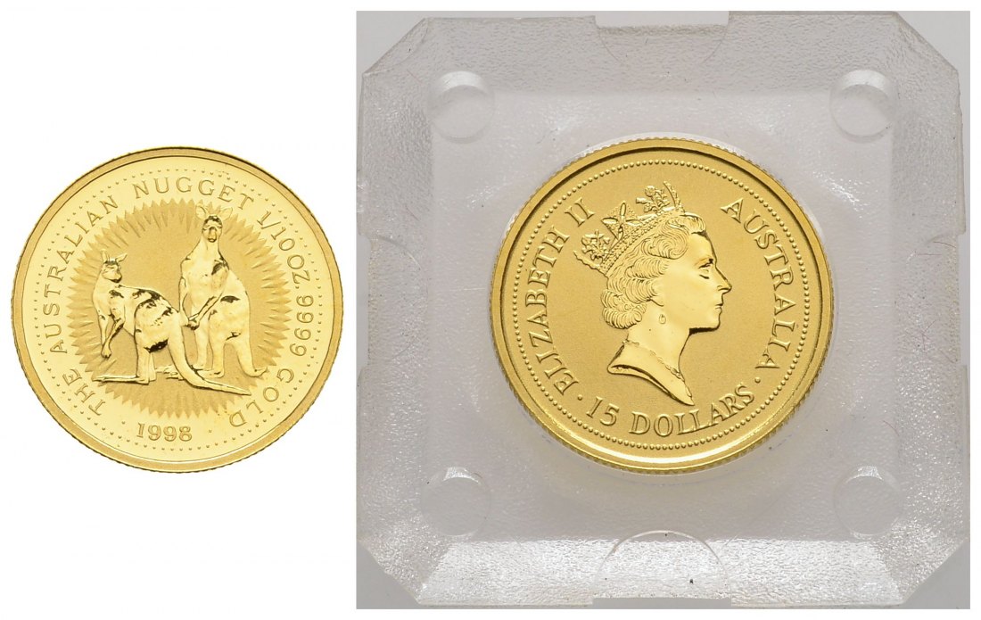 PEUS 3328 Australien 3,11 g Feingold. Zwei Kängurus 15 Dollars GOLD 1/10 Unze 1998 Uncirculated (in Originalkapsel)