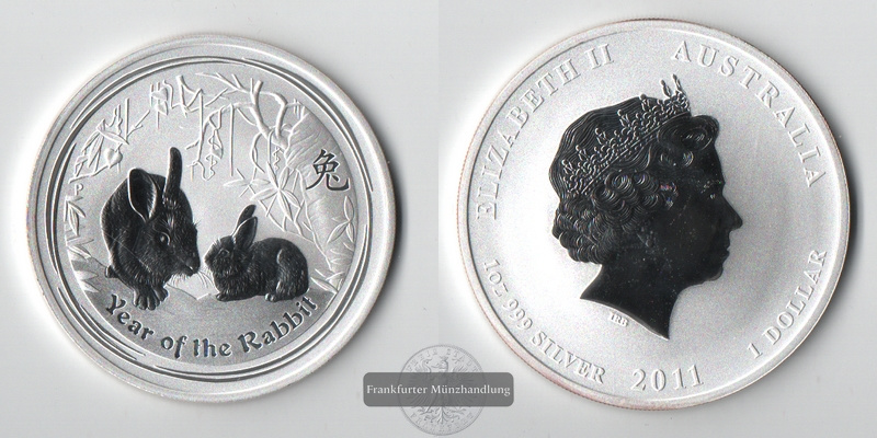  Australien 1 Dollar Lunar Serie-Hase 2011 FM-Frankfurt Feinsilber: 31,1g   