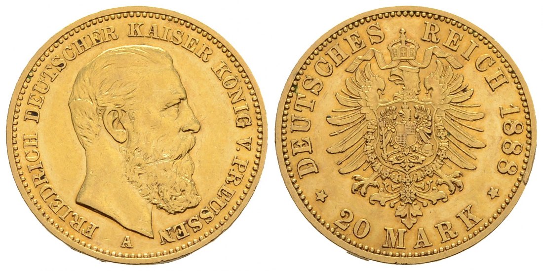 PEUS 3342 Kaiserreich - Preußen 7,16 g Feingold. Friedrich III.(09.03. - 15.06.1888) 20 Mark GOLD 1888 A Sehr schön +