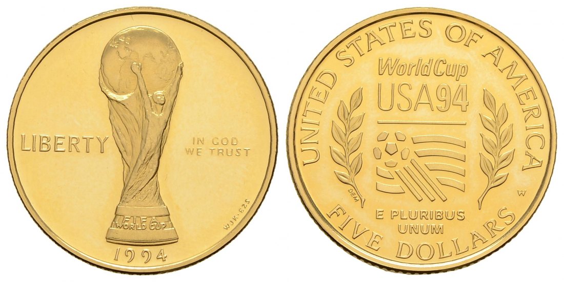 PEUS 3345 USA 7,52 g Feingold. FIFA World Cup 5 Dollars GOLD 1994 W Uncirculated (berührt)