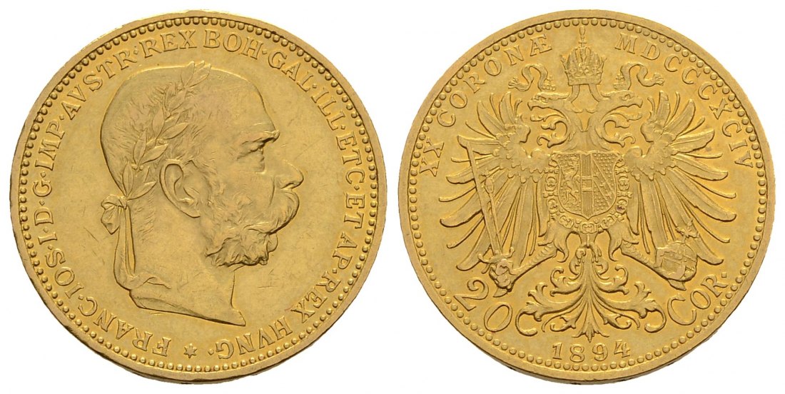 PEUS 3348 Österreich 6,10 g Feingold. Franz Joseph I. (1848 - 1916) 20 Kronen GOLD 1894 Kl. Kratzer, Vorzüglich